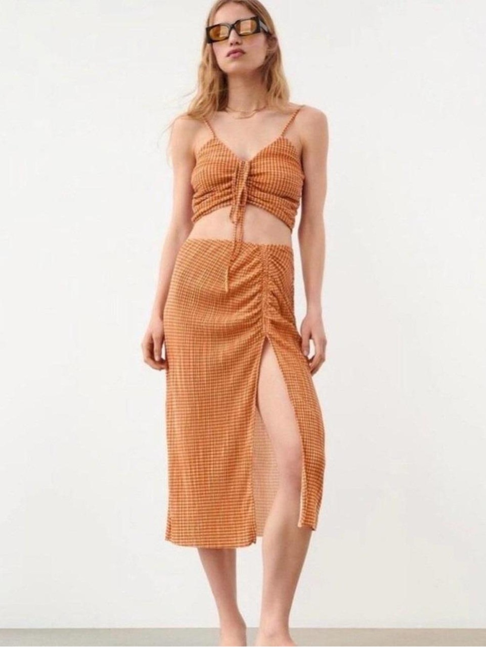 Zara Gingham Matching Set Maxi Skirt in Orange & White Size Medium